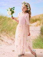 Salbeigrünes Blumenmädchenkleid aus Stoff mit U-Ausschnitt und Tüll (2003227581) 