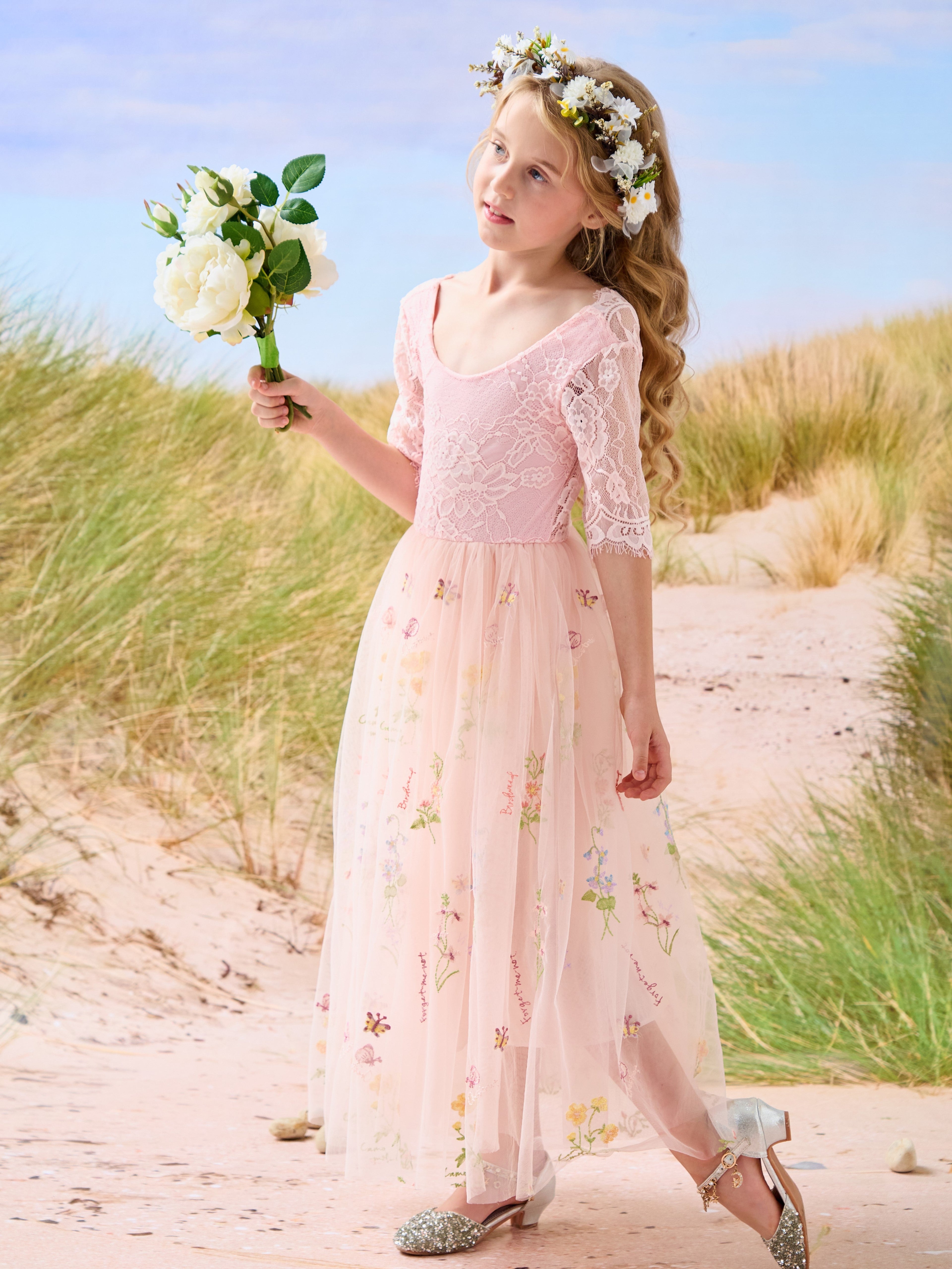 Salbeigrünes Blumenmädchenkleid aus Stoff mit U-Ausschnitt und Tüll (2003227581) 