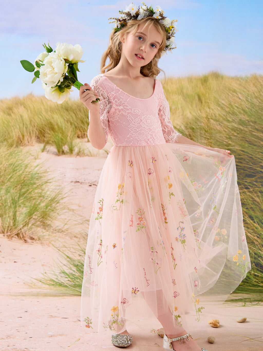 Salbeigrünes Blumenmädchenkleid aus Stoff mit U-Ausschnitt und Tüll (2003227581) 