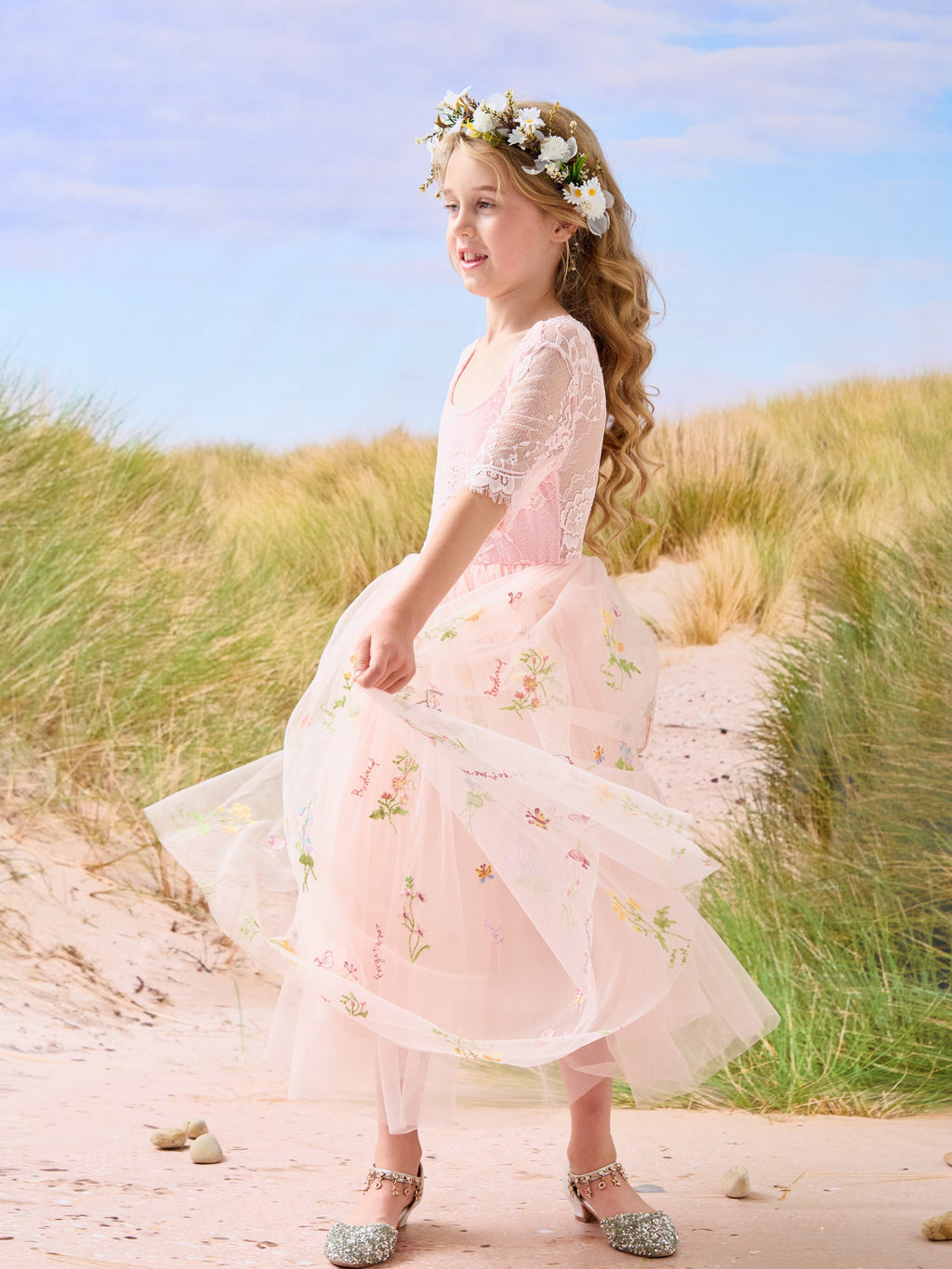 Salbeigrünes Blumenmädchenkleid aus Stoff mit U-Ausschnitt und Tüll (2003227581) 