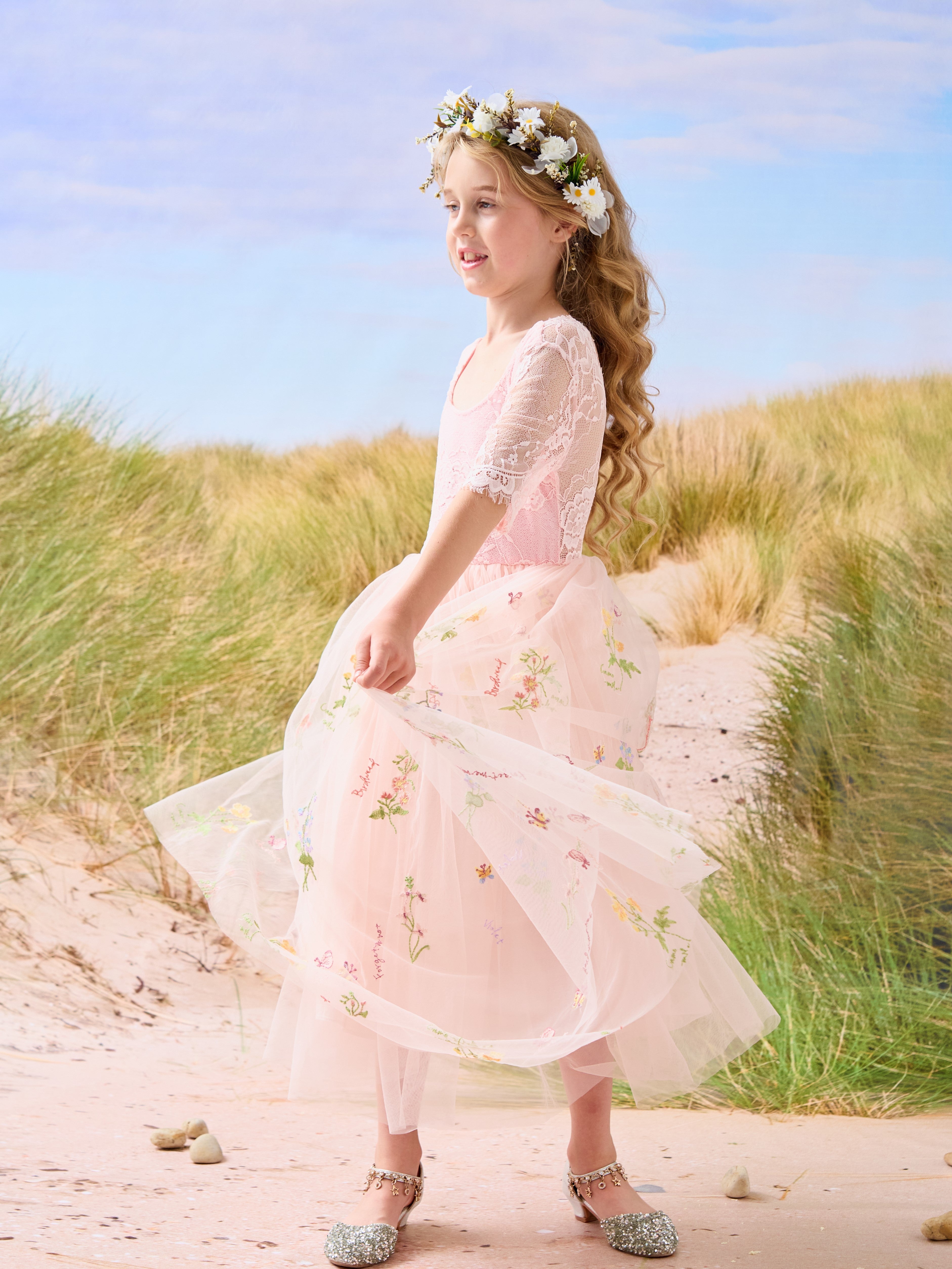 Salbeigrünes Blumenmädchenkleid aus Stoff mit U-Ausschnitt und Tüll (2003227581) 