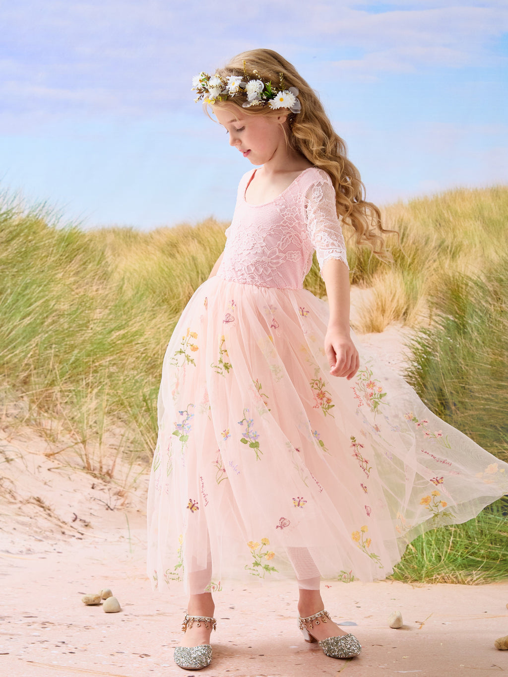 Salbeigrünes Blumenmädchenkleid aus Stoff mit U-Ausschnitt und Tüll (2003227581) 