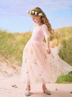 Salbeigrünes Blumenmädchenkleid aus Stoff mit U-Ausschnitt und Tüll (2003227581) 