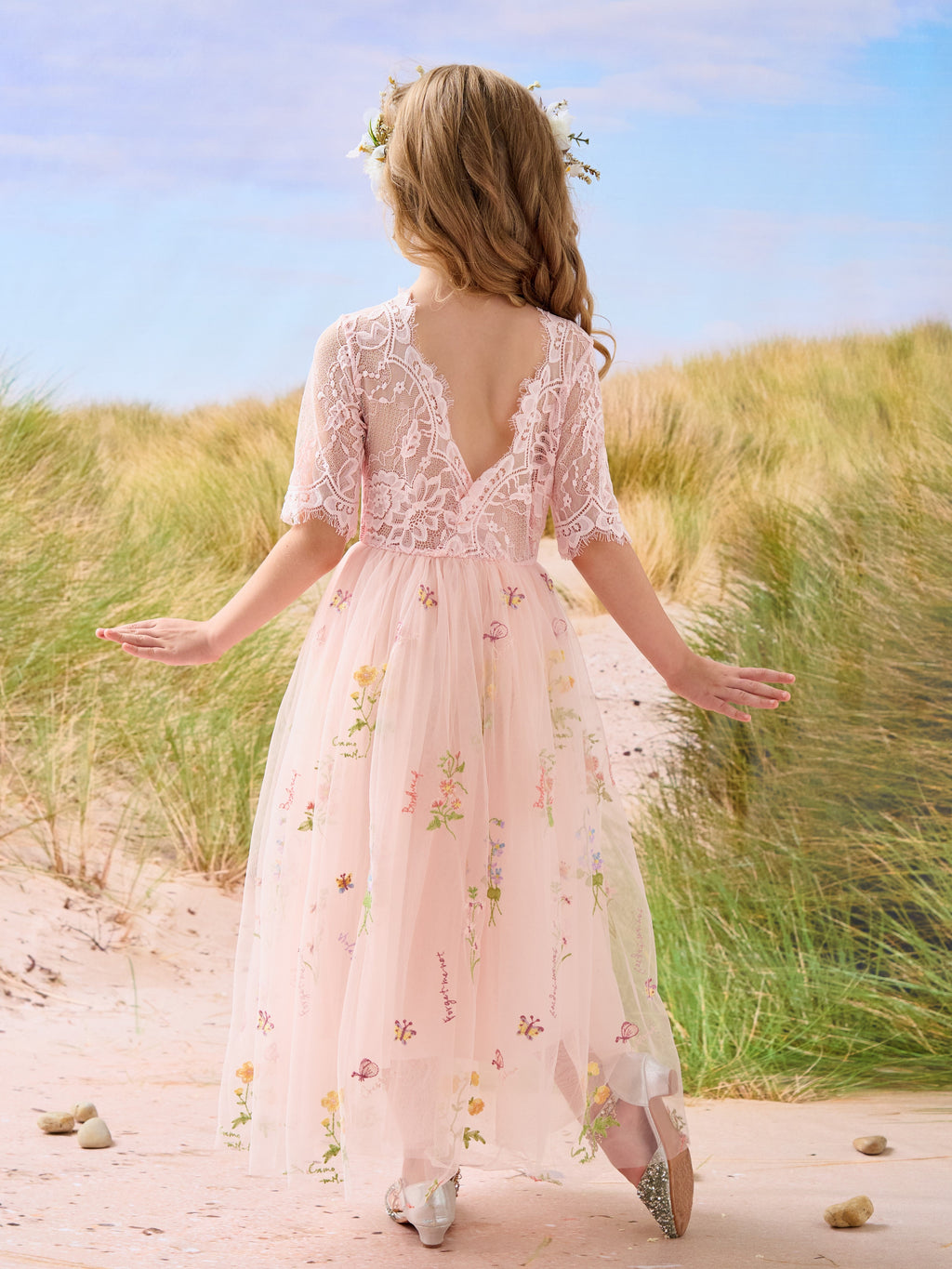 Salbeigrünes Blumenmädchenkleid aus Stoff mit U-Ausschnitt und Tüll (2003227581) 