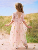 Salbeigrünes Blumenmädchenkleid aus Stoff mit U-Ausschnitt und Tüll (2003227581) 