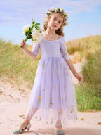 Salbeigrünes Blumenmädchenkleid aus Stoff mit U-Ausschnitt und Tüll (2003227581) 