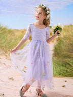 Salbeigrünes Blumenmädchenkleid aus Stoff mit U-Ausschnitt und Tüll (2003227581) 