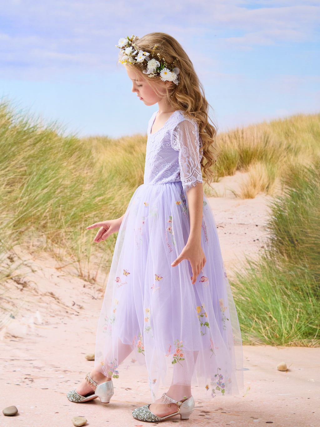 Salbeigrünes Blumenmädchenkleid aus Stoff mit U-Ausschnitt und Tüll (2003227581) 
