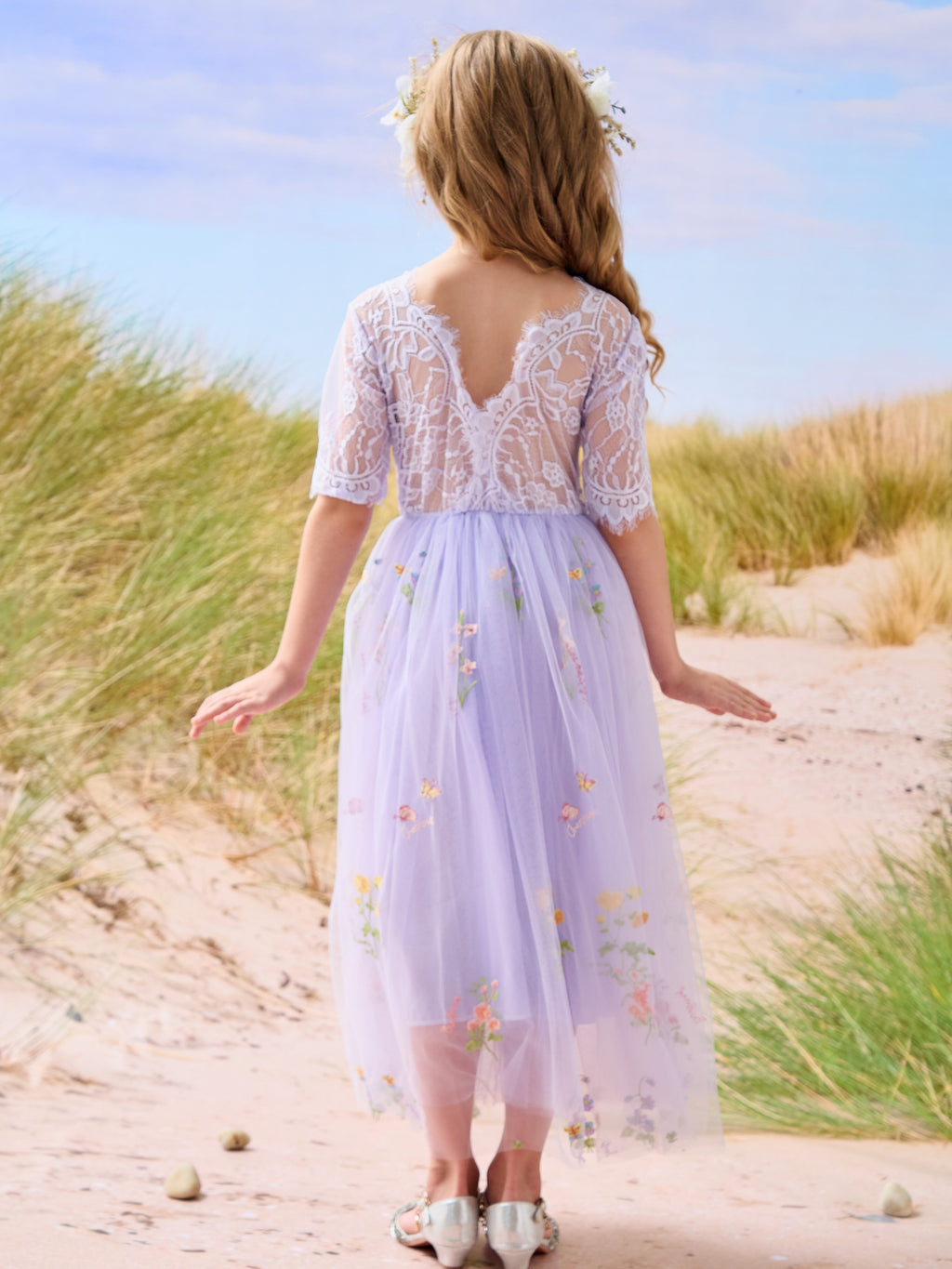 Salbeigrünes Blumenmädchenkleid aus Stoff mit U-Ausschnitt und Tüll (2003227581) 