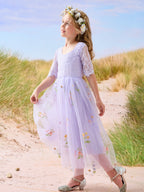Salbeigrünes Blumenmädchenkleid aus Stoff mit U-Ausschnitt und Tüll (2003227581) 