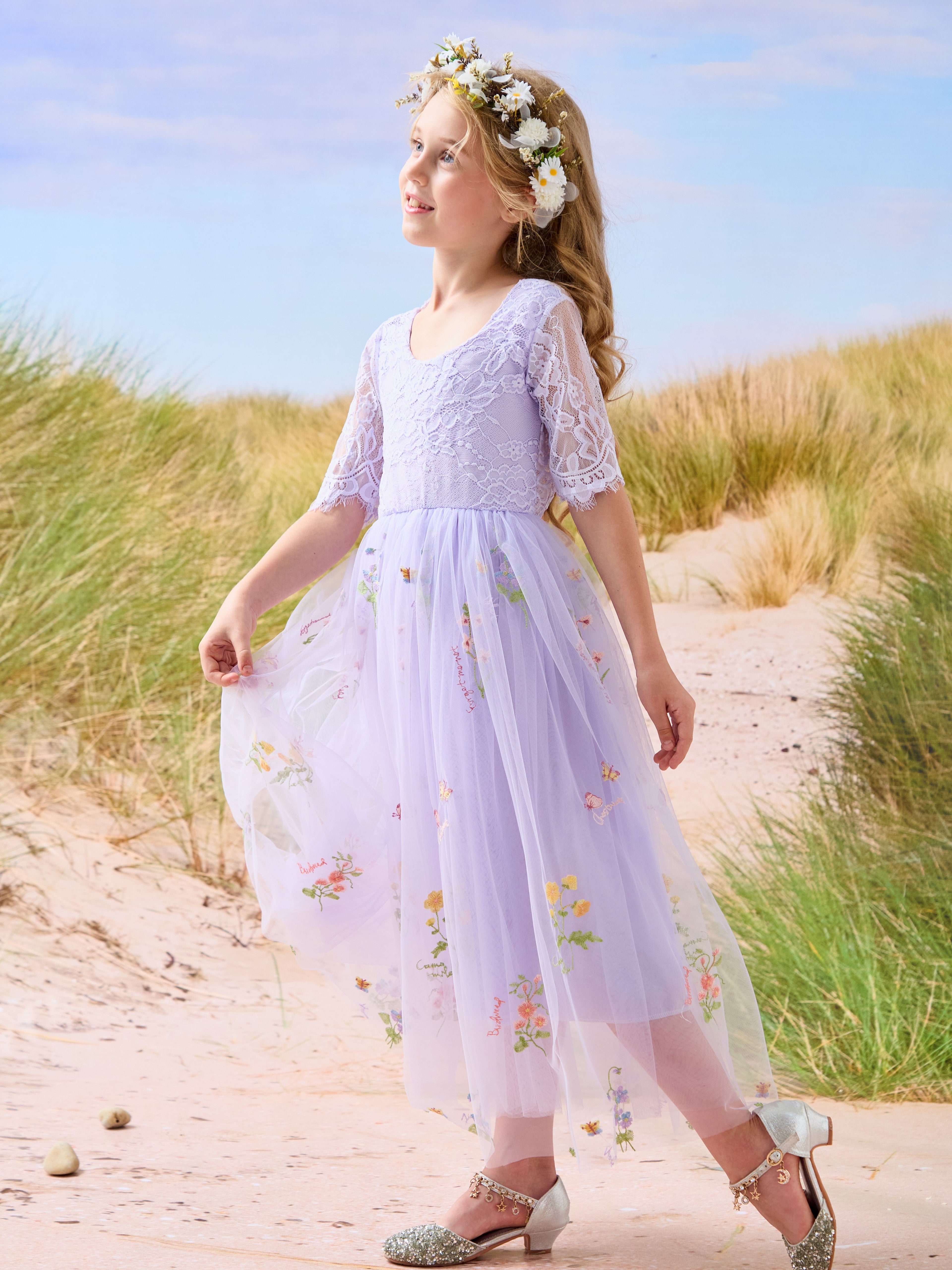 Salbeigrünes Blumenmädchenkleid aus Stoff mit U-Ausschnitt und Tüll (2003227581) 