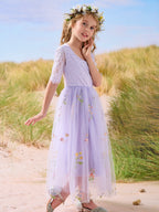 Salbeigrünes Blumenmädchenkleid aus Stoff mit U-Ausschnitt und Tüll (2003227581) 