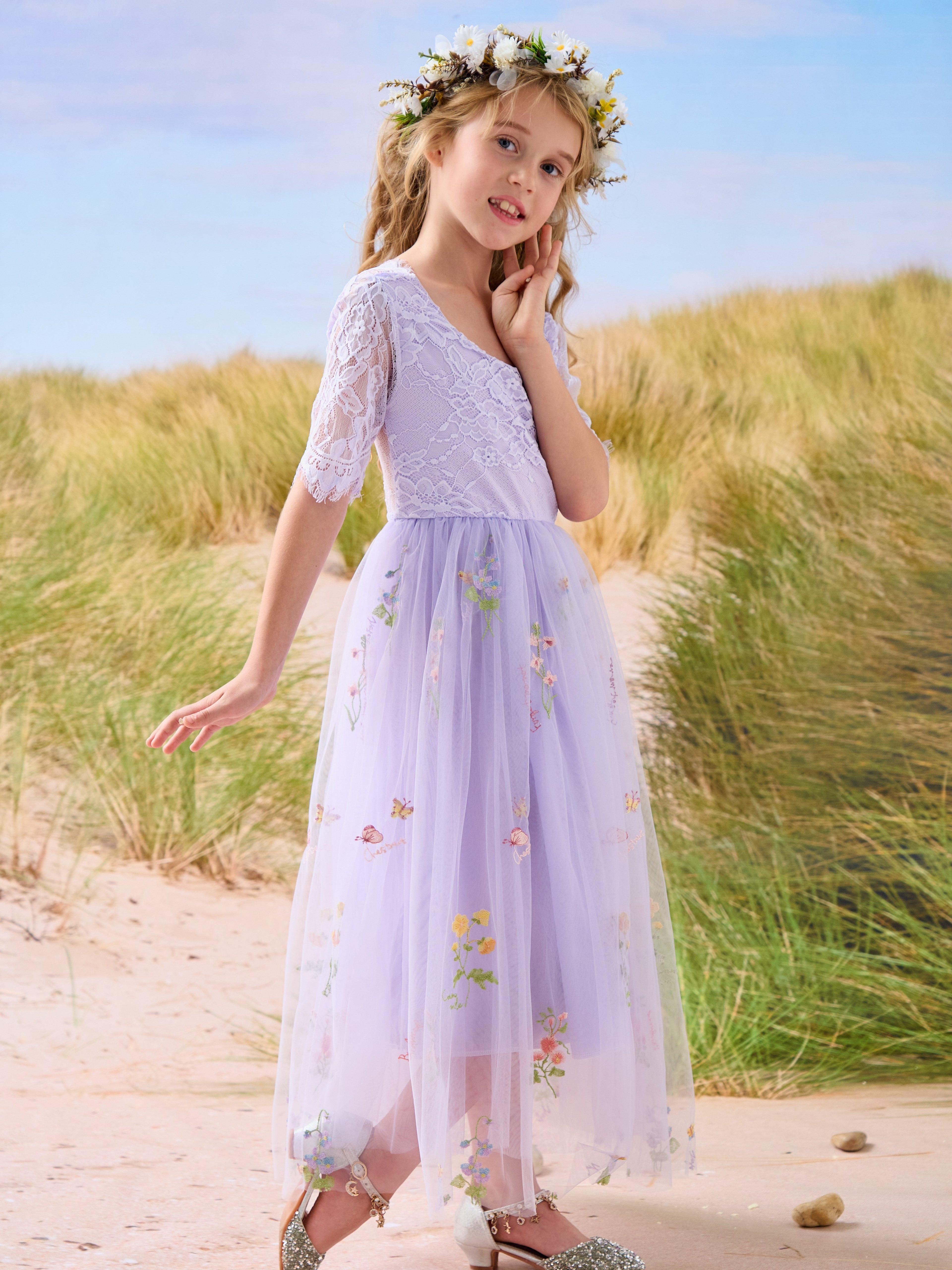Salbeigrünes Blumenmädchenkleid aus Stoff mit U-Ausschnitt und Tüll (2003227581) 