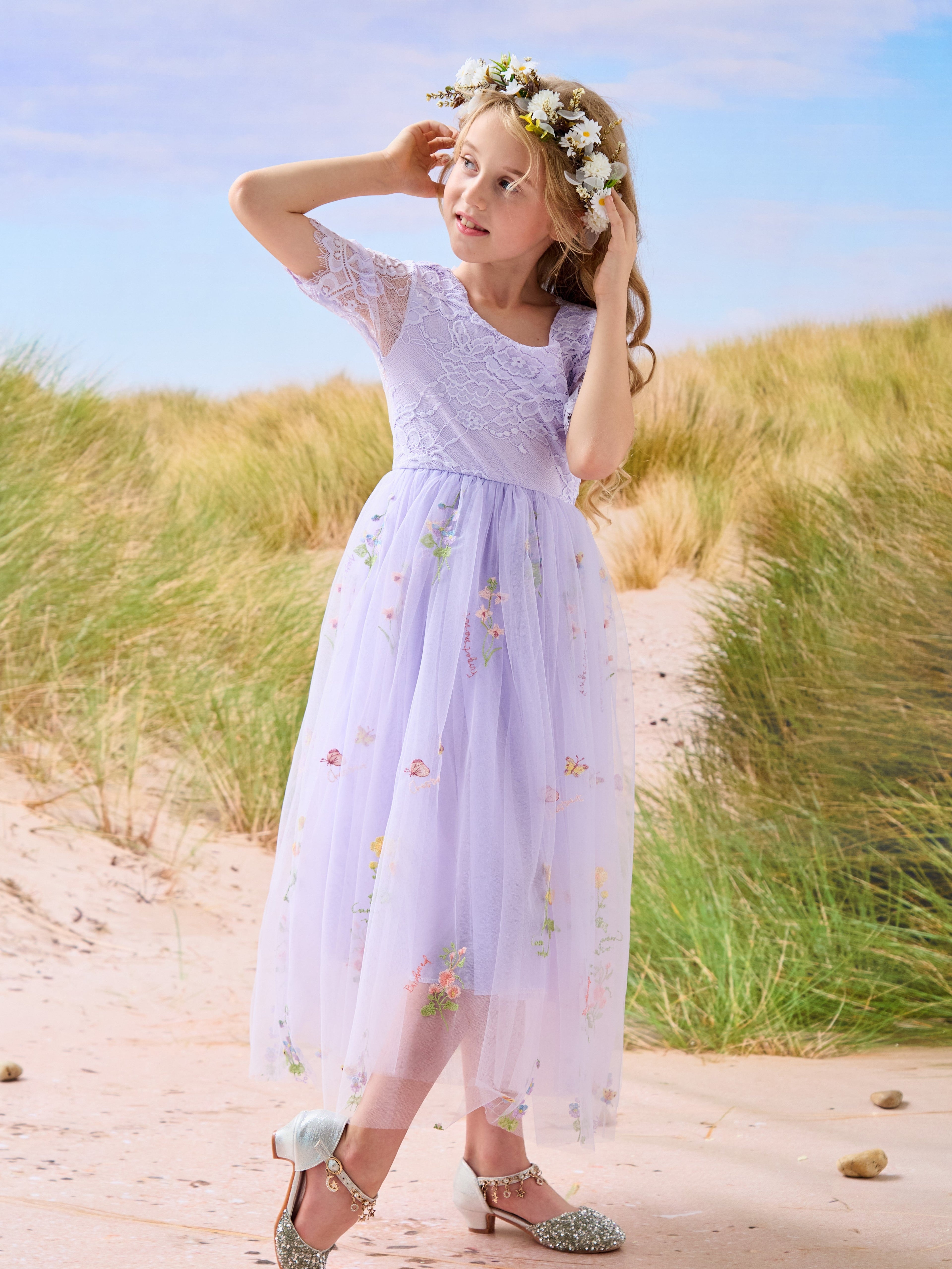 Salbeigrünes Blumenmädchenkleid aus Stoff mit U-Ausschnitt und Tüll (2003227581) 