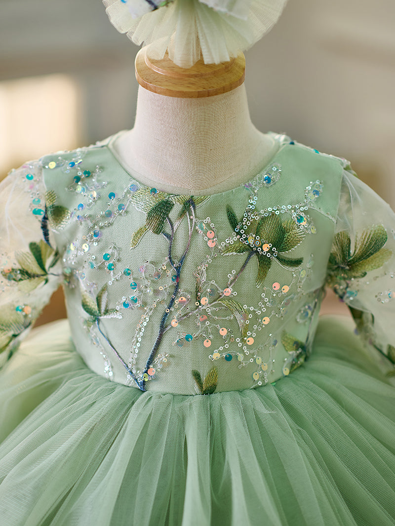 Salbeigrünes, langärmliges, knielanges Baby-Mädchenkleid 