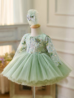 Salbeigrünes, langärmliges, knielanges Baby-Mädchenkleid 