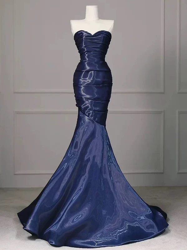 Wunderschönes blaues Meerjungfrau-Kleid im trägerlosen, plissierten Stil, langes Ballkleid, Abendkleid Y7987