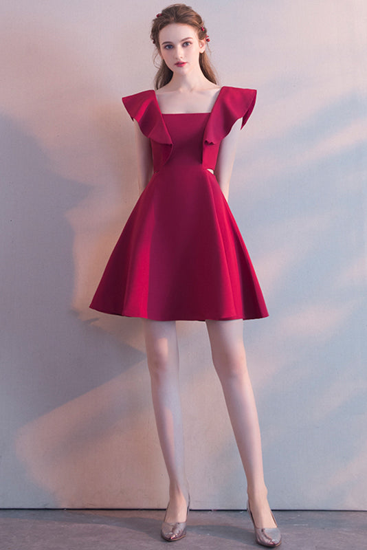 Elegantes vestidos de fiesta cortos sin mangas color burdeos con cuello cuadrado