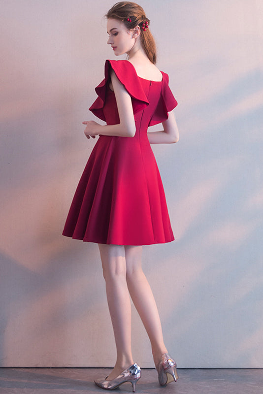 Elegantes vestidos de fiesta cortos sin mangas color burdeos con cuello cuadrado