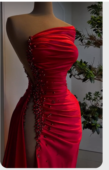 Vestido de noche rojo de satén plisado con escote asimétrico y abertura alta, vestido formal encantador Y379