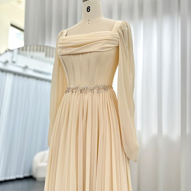 Vestido de noche árabe midi corto beige con cinturón, manga larga, largo hasta la rodilla, para mujer, vestido formal de boda Y4847