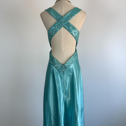 Vestido de noche azul con escote en V, satén y lentejuelas, vestido formal de fiesta, sin espalda, Y8548