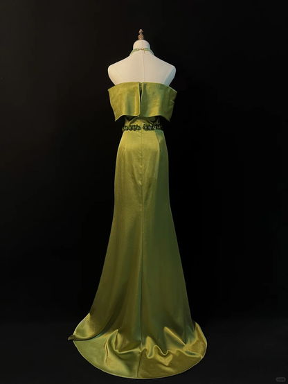 Vestido de fiesta elegante de satén verde oliva con hombros descubiertos y abertura, vestido de noche estilo sirena con abertura Y8650