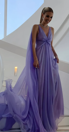 Vestido de fiesta de tul morado con escote en V, largo y sencillo, Y7774