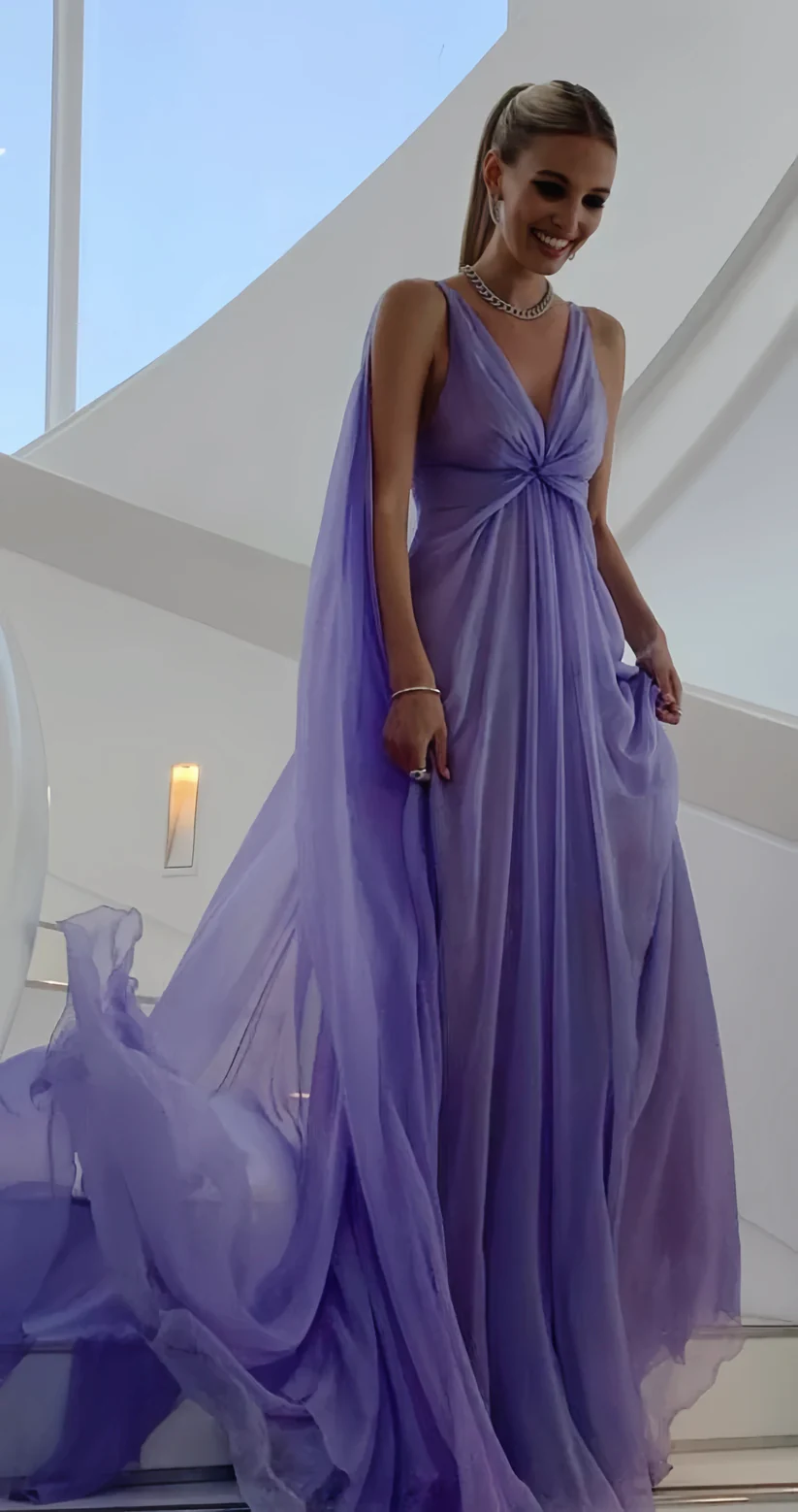 Vestido de fiesta de tul morado con escote en V, largo y sencillo, Y7774