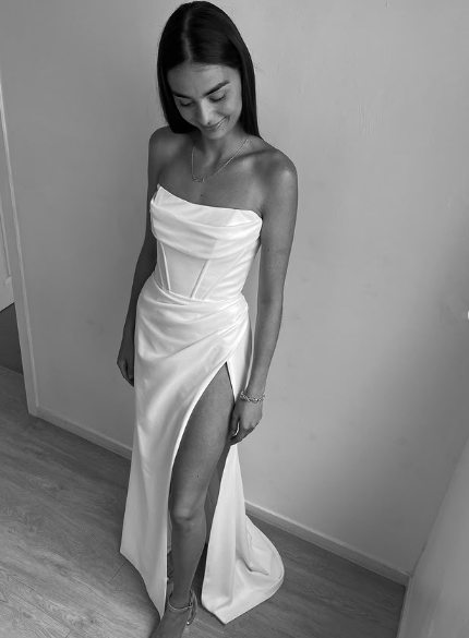 Vestido de noche largo tipo sirena, elegante, blanco, sin tirantes, con abertura, Y8417