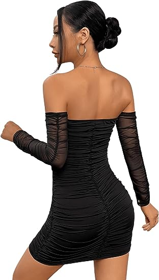 Vestido de fiesta ajustado con hombros descubiertos y dobladillo fruncido de malla en contraste para mujer Y2572