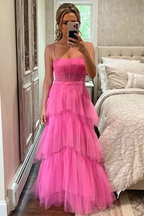Elegante vestido de fiesta largo de tul en capas rosa intenso con corte en A Y1594