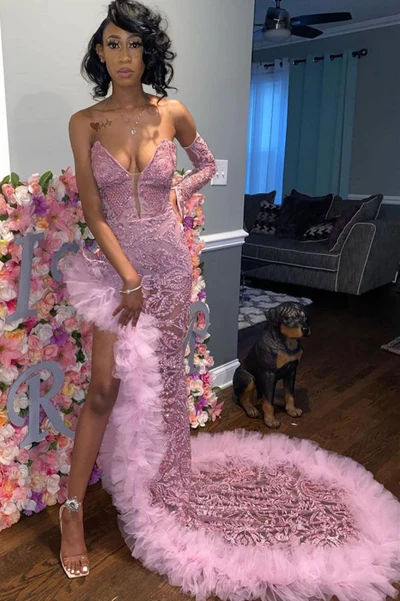 Sexy Dunkelrosa Tüll Ballkleider | Herzausschnitt Tiefer Schlitz Abendkleid Y1739