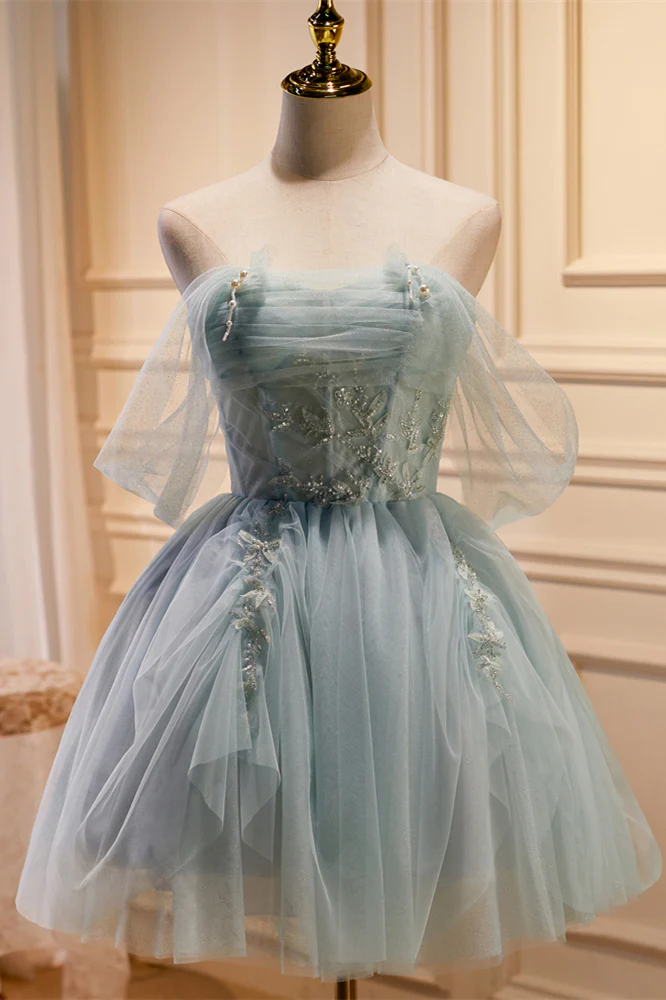 Vestido de fiesta plisado con cuentas y hombros descubiertos en color salvia polvorienta Y2713