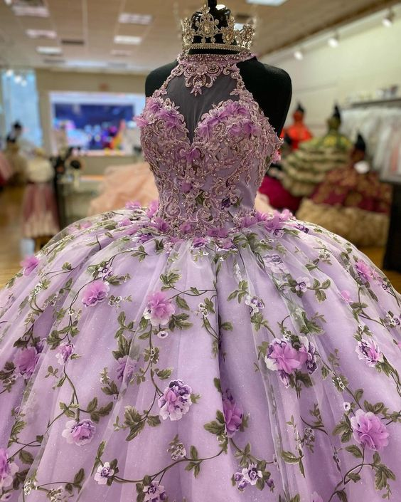 Luxuriöses Lila A-Linie Ballkleid mit Blumen, Lila Sweet 16 Kleid Y6598