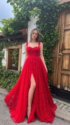 Elegante vestido de fiesta de encaje rojo con escote corazón, abertura lateral, cintura alta, corte A, vestido formal de noche para boda Y4909