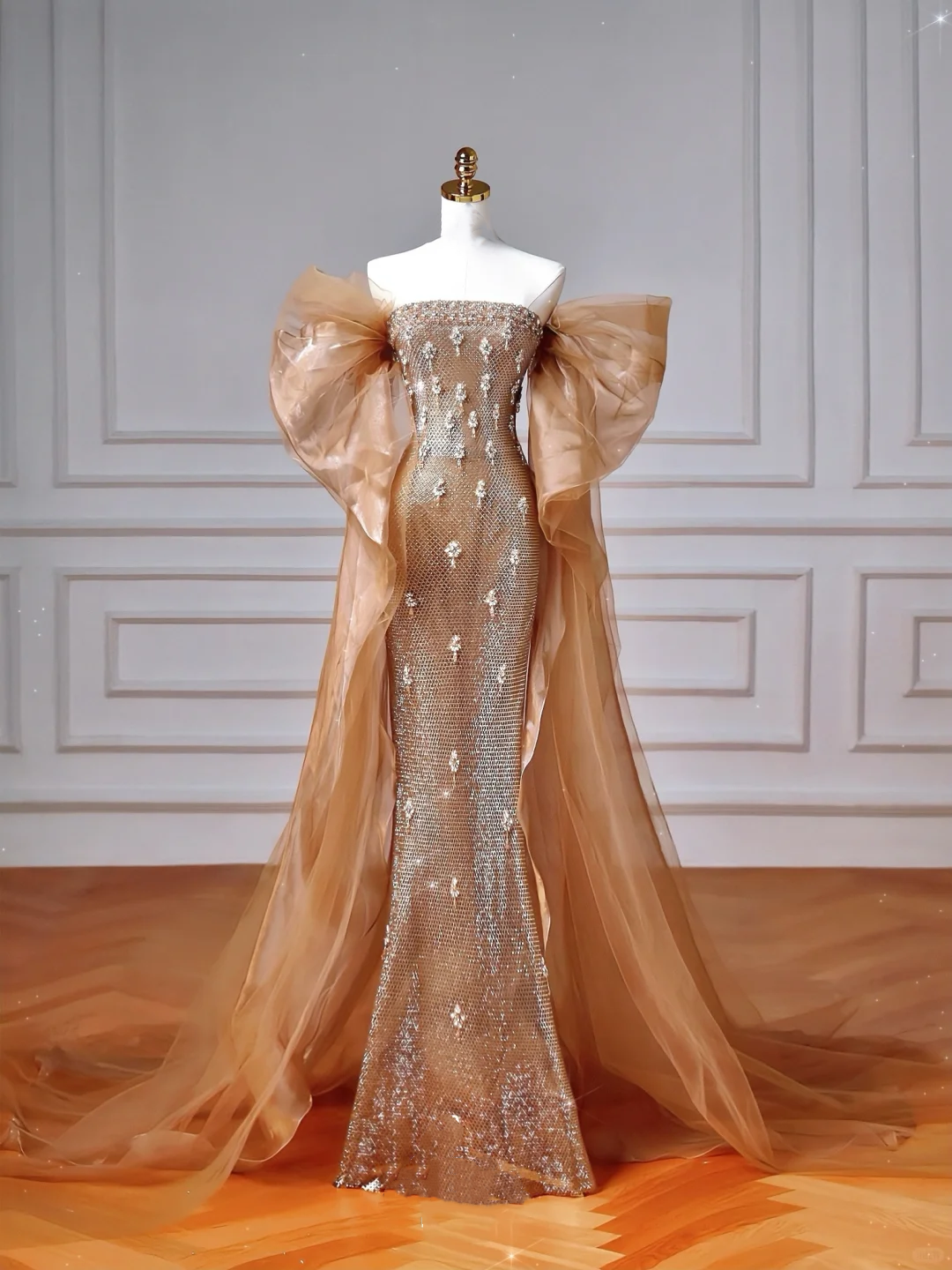 Luxus Off The Shoulder Tüll Perlen Ballkleid Langes Meerjungfrau Abendkleid Y8610