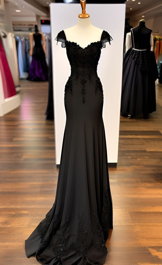 Vestido de noche con apliques de gasa y tirantes de sirena negra, vestido de fiesta Y7823