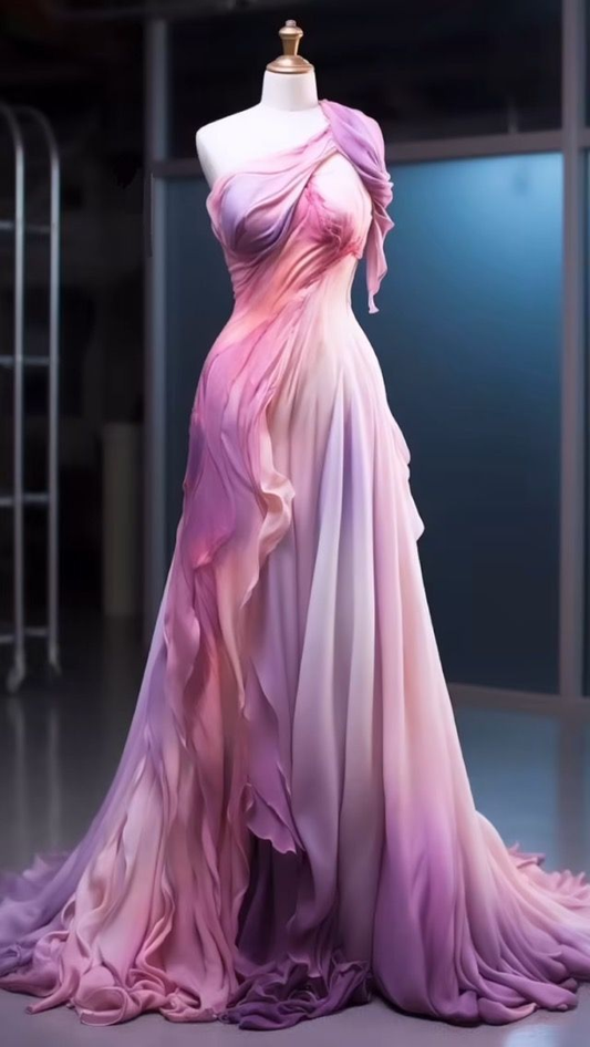 Vestido de noche largo retro de gasa rosa con un hombro al descubierto, estilo ombré, vestido de fiesta Y8525