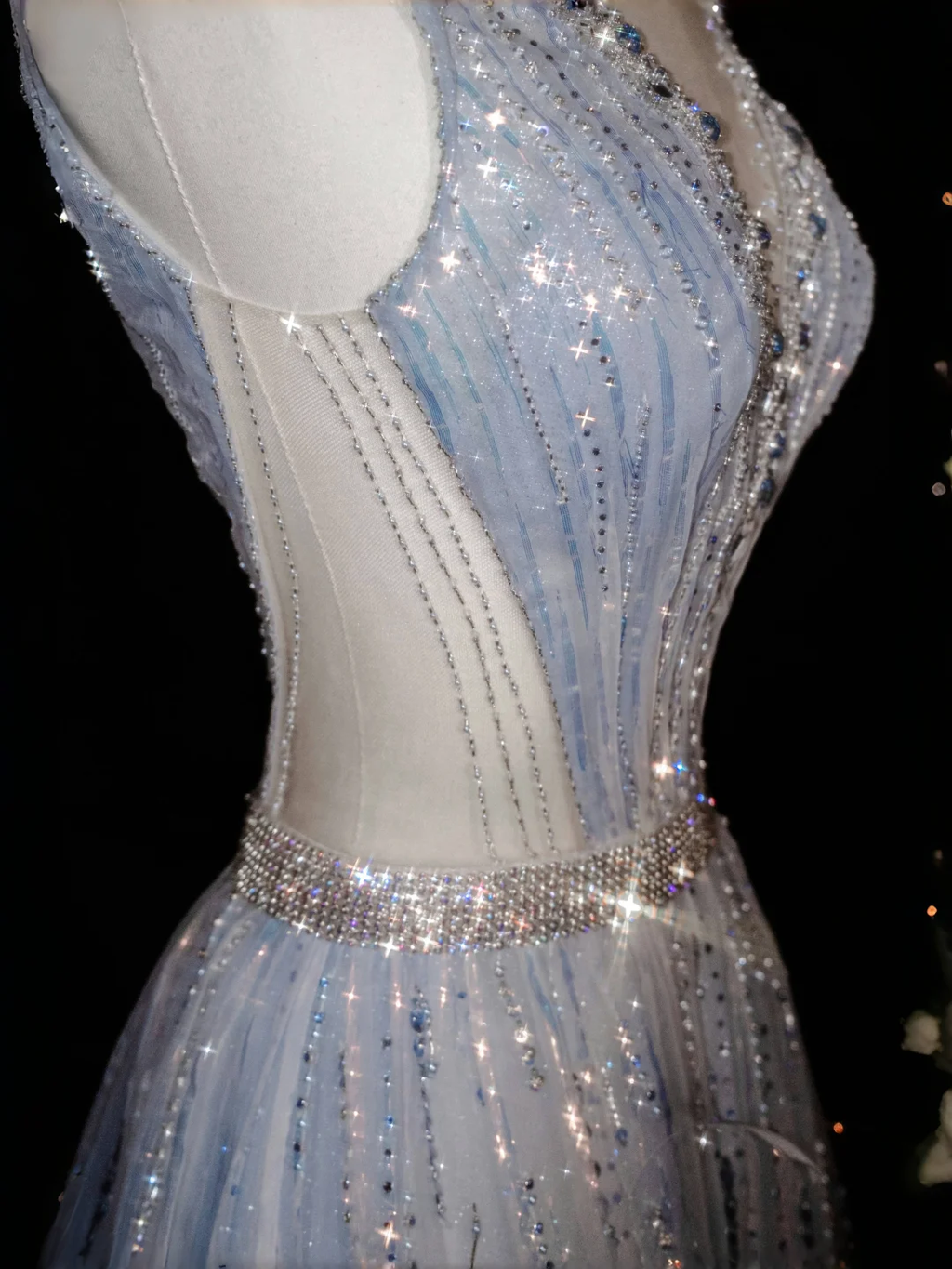 Glamorous V Neck Tulle Beaded Feathers A Line Prom Dress Evening Dress Y8682