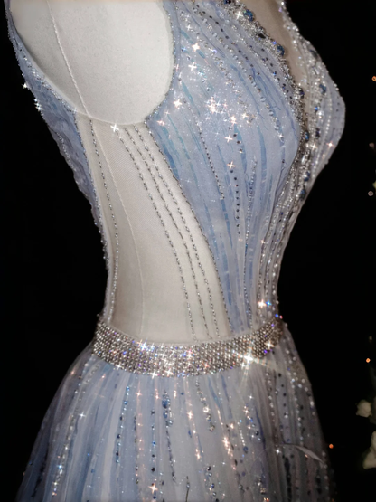 Glamouröses A-Linien-Ballkleid mit V-Ausschnitt und Tüll, Perlen und Federn, Abendkleid Y8682