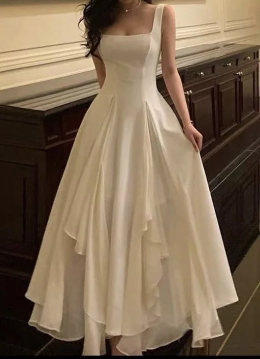 Vestido de noche largo asimétrico blanco con escote cuadrado Y2786