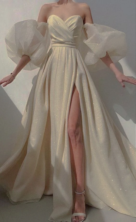 Glitzer Herzausschnitt Tüll Pailletten Schlitz Brautkleid, A-Linie Ballkleid Abendkleid Y8281