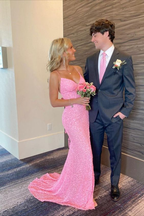 Elegante vestido de fiesta de sirena rosa. Vestido de noche rosa Y7386.