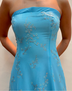Vestido de noche azul brillante sin tirantes con lentejuelas y corte en A, vestido de fiesta Y8140