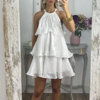 Vestido corto de fiesta con capas y cuello halter de organza azul sencillo, vestido de regreso a casa Y8089