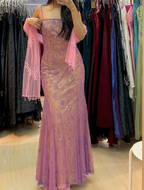 Lujoso vestido de noche de sirena con tirantes finos de tul Y8137