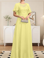 Vestido de gasa con encaje y lentejuelas para madre de la novia, corte A, escote ilusión, largo hasta el suelo