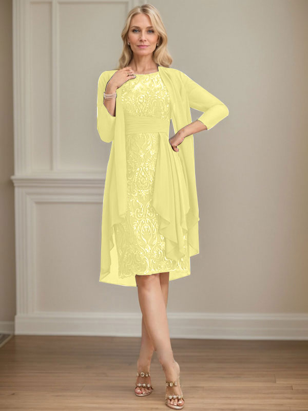 Vestido de madre de la novia de gasa con encaje, escote redondo, ilusión, largo hasta la rodilla, con volantes en cascada y lentejuelas