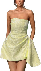 A-Linie, trägerlos, ärmellos, kurzes Heimkehrkleid, Jacquard-Satin, asymmetrisch, Partykleider mit Schnürung